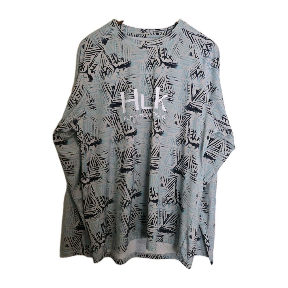 Huk Pursuit Performance Fishing Shirt Men Large Marlin Batik Glacier